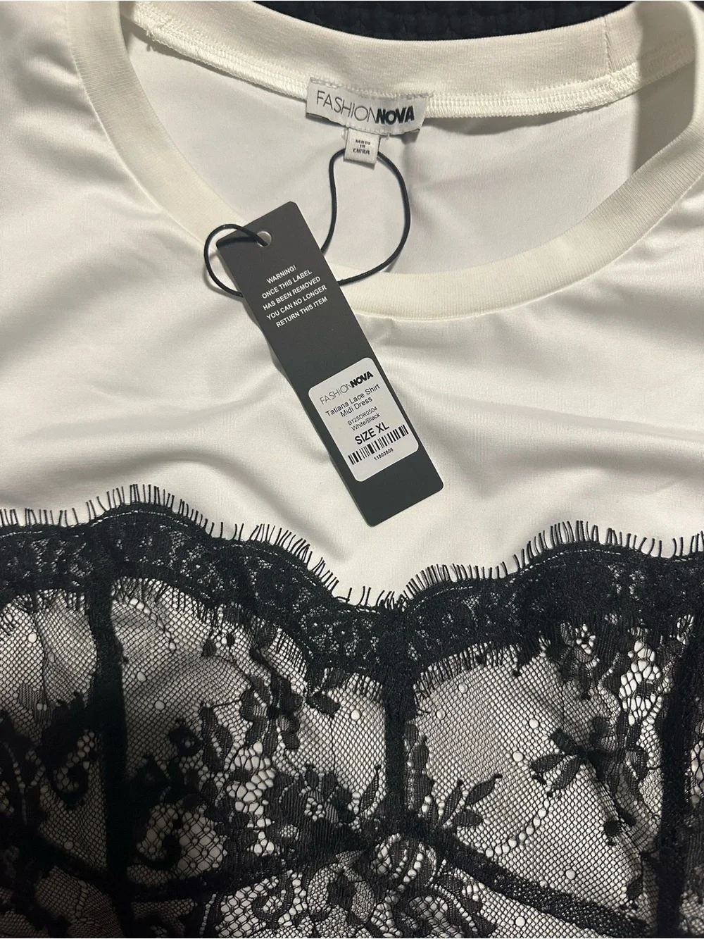 NWT Fashion Nova White with Black Lace Overlay Midi Dress with Padded Shoulders - Picture 2 of 2